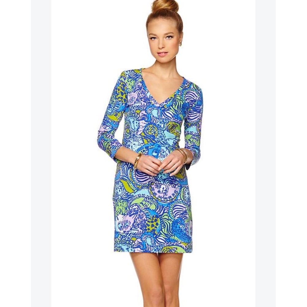 Lilly Pulitzer Pima Cotton V-Neck 3/4 Sleeve T-Shirt Dress Blue Green Paisley S